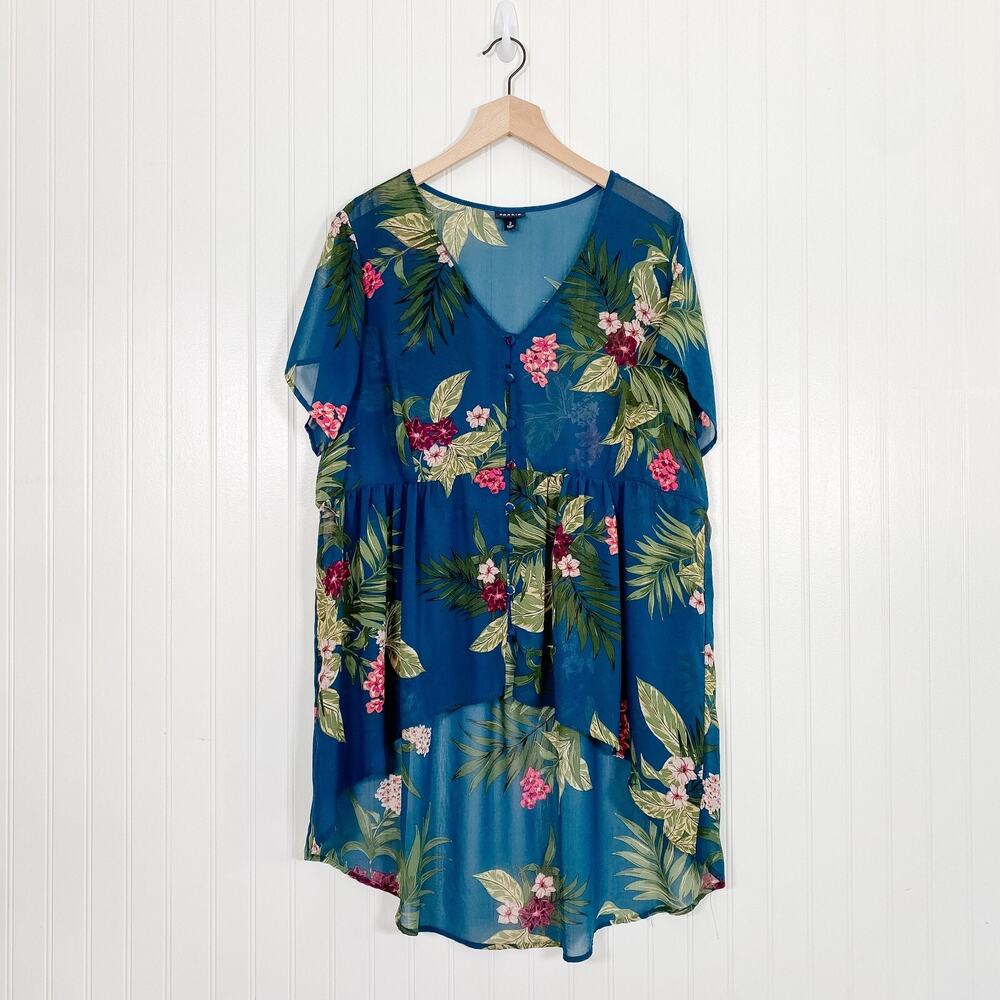 Torrid Womens Sheer Floral Tunic‎ Top Size 2X Button Front Tropical Short Sleeve - Picture 2 of 10